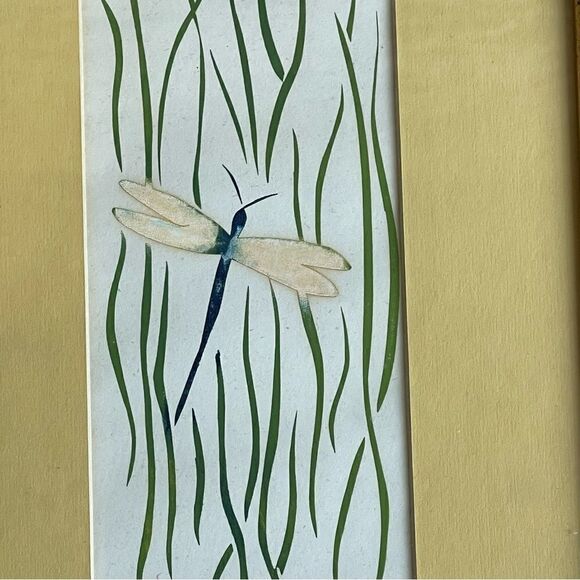 Vintage Artist Signed Watercolor Dragonfly Dandelion Flower Matted Framed Art - Picture 10 of 16